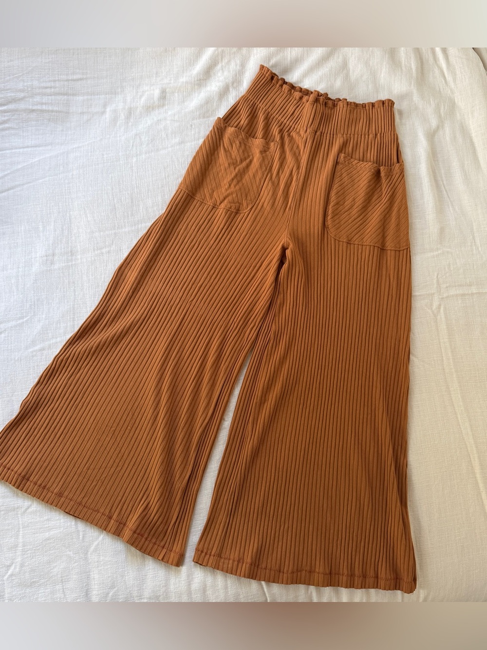 Free People Blissed Out Ribbed Wide Leg Pants Rust Brown Size M Flowy